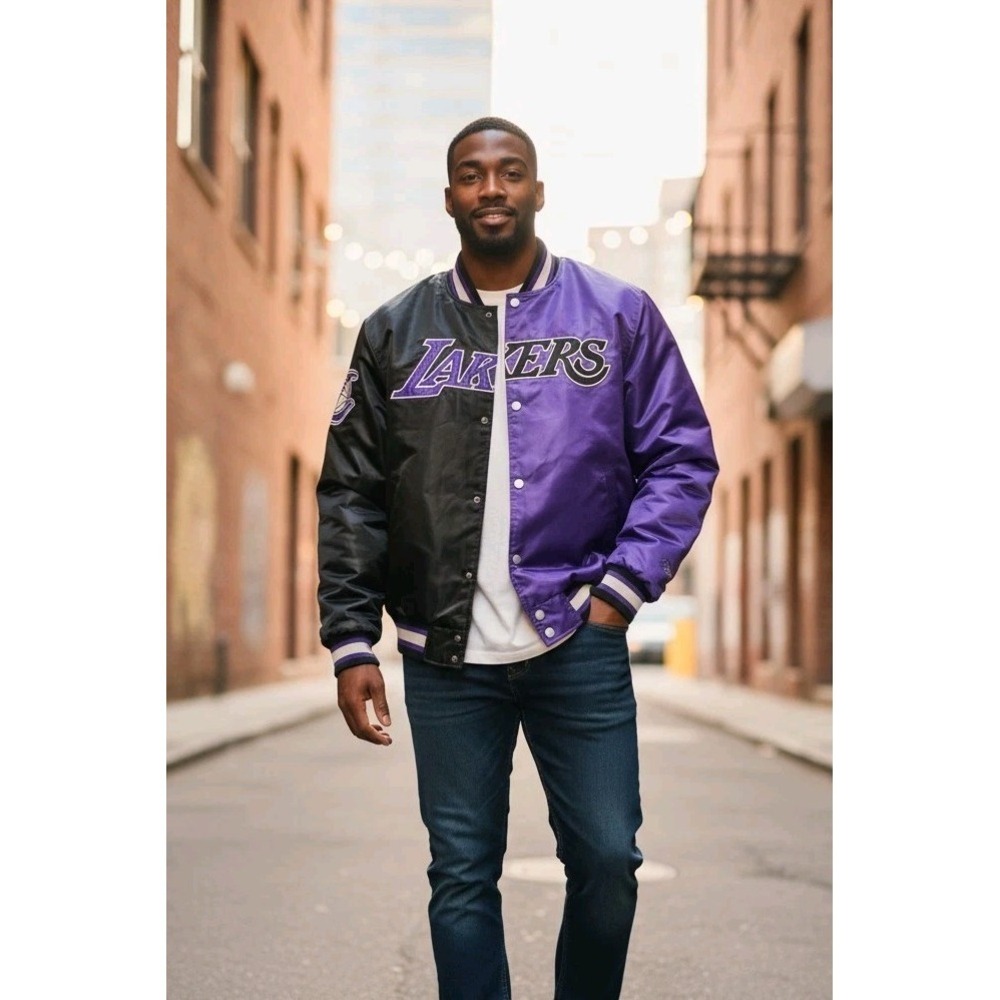 Starter Black Label LA Lakers Satin Jacket Mens 2XL Purple and Black Big Logo